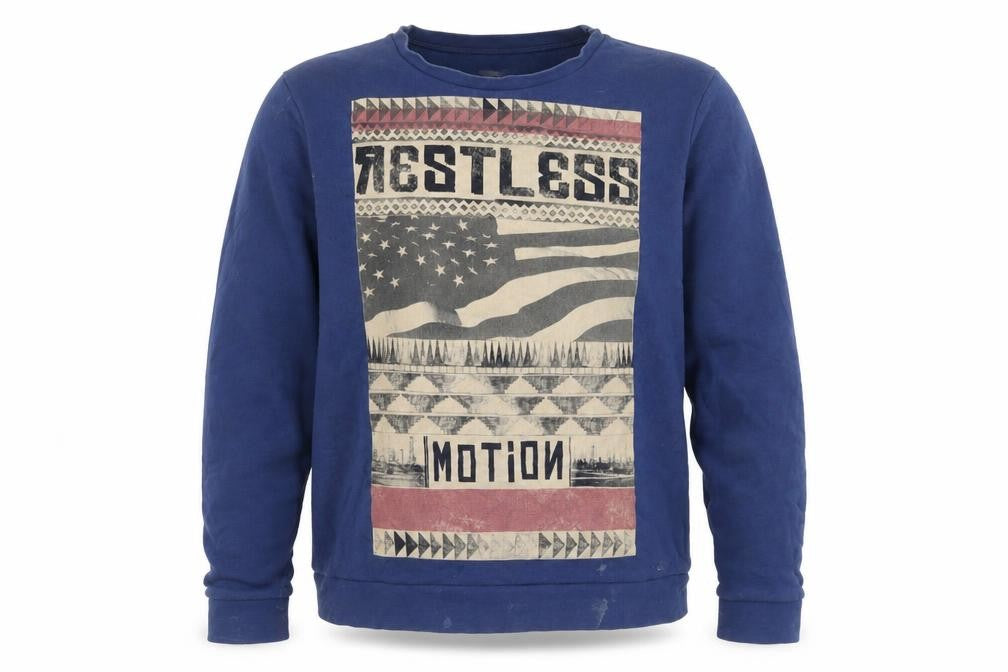 Front view of Denim 73 Men's Blue Graphic Print Pullover Sweatshirt, size L
