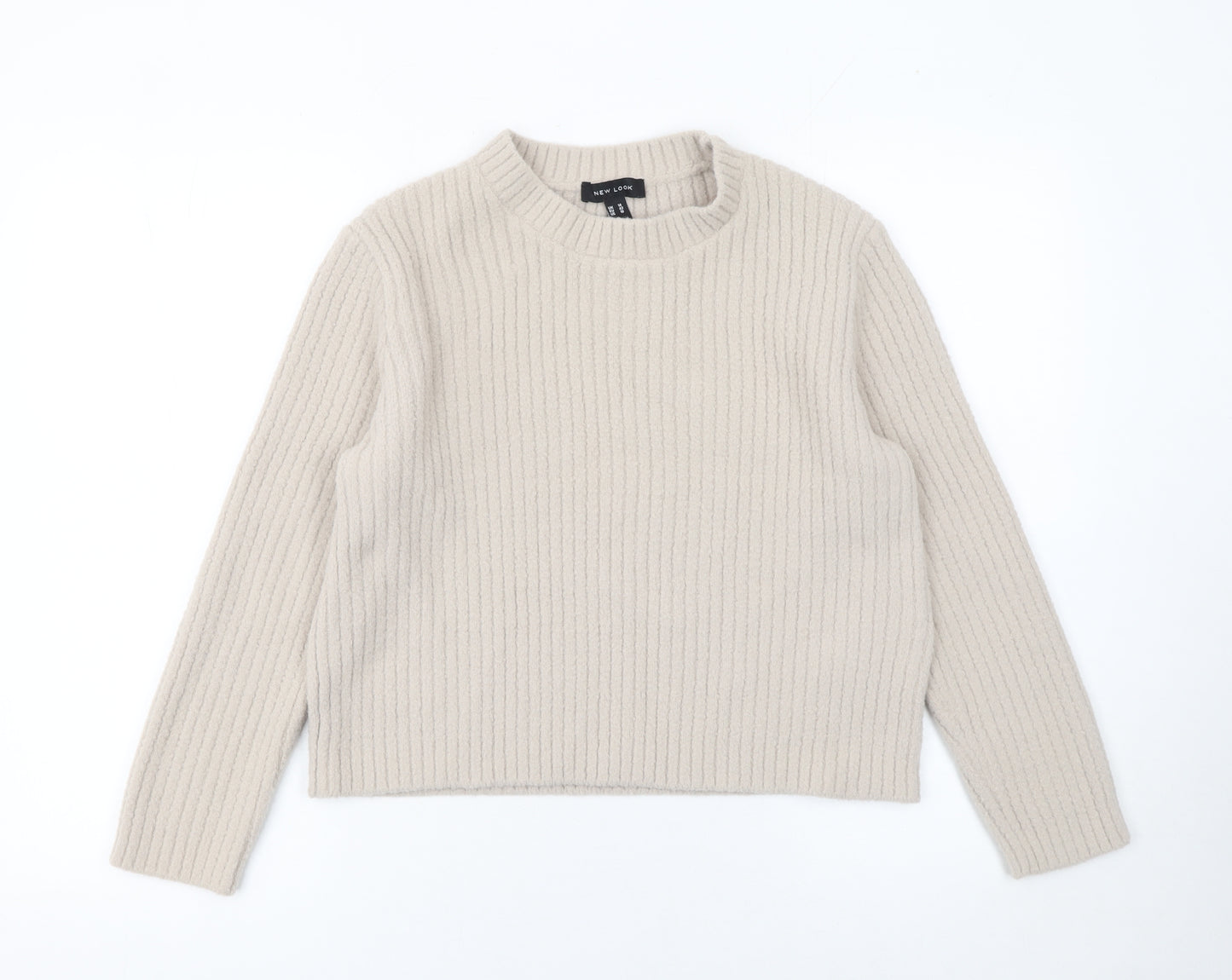 New Look Women Beige Ribbed Knit Long Sleeve Pullover Jumper Size 14