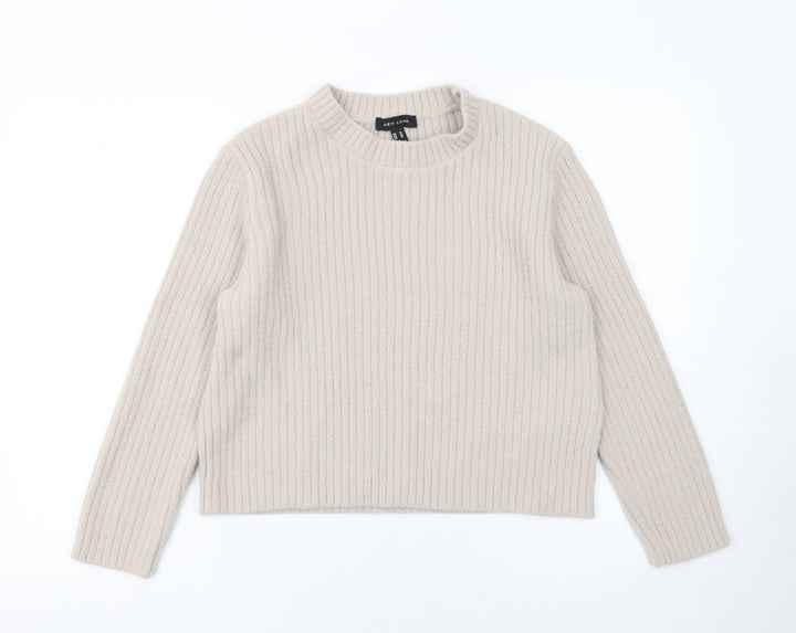New Look Women Beige Ribbed Knit Long Sleeve Pullover Jumper Size 14