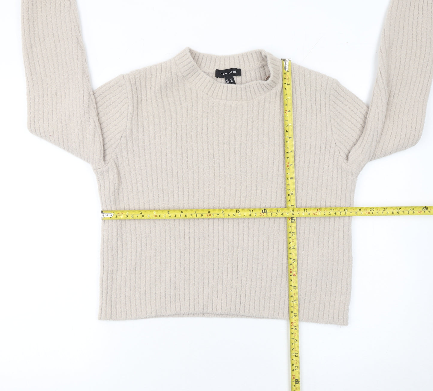New Look Women Beige Ribbed Knit Long Sleeve Pullover Jumper Size 14
