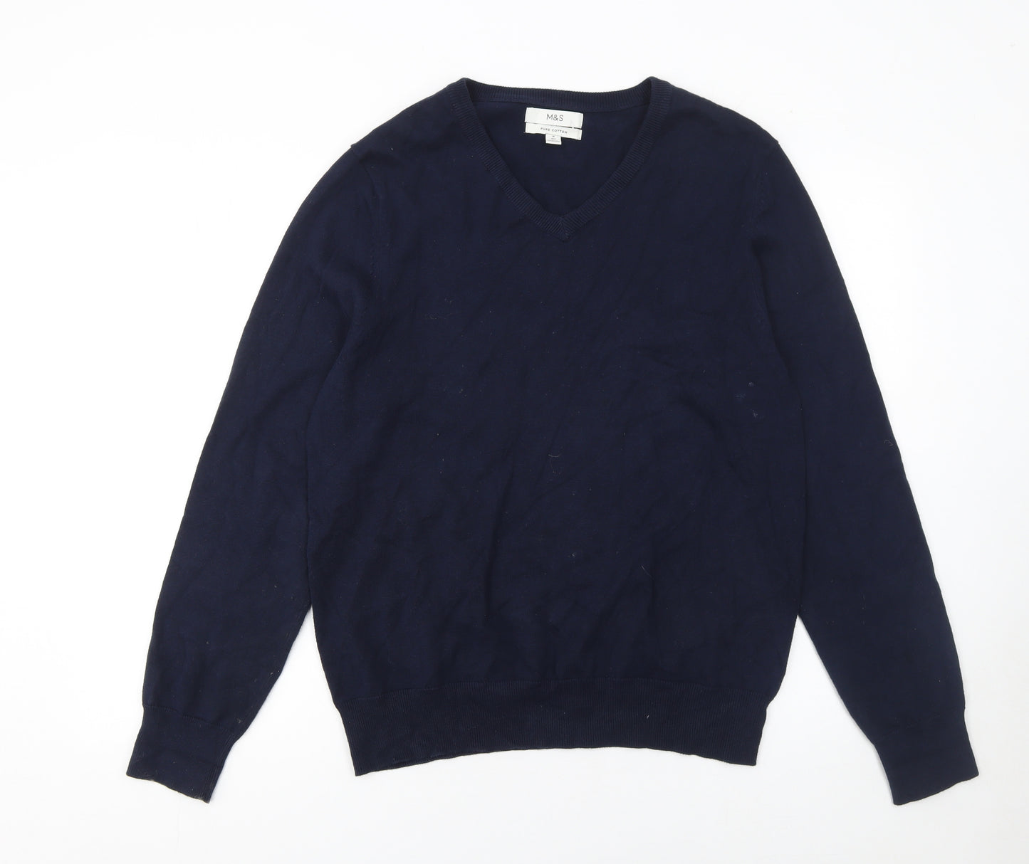 Marks and Spencer Men's Blue V-Neck Cotton Jumper M Regular Fit