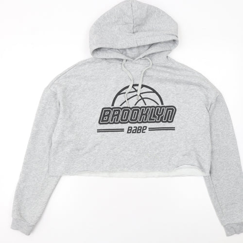 H&M Women Grey Brooklyn Babe Cropped Hoodie Size 12 Cotton Blend