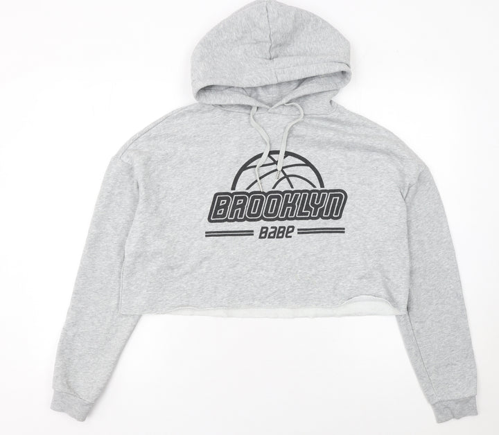 H&M Women Grey Brooklyn Babe Cropped Hoodie Size 12 Cotton Blend