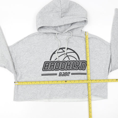 H&M Women Grey Brooklyn Babe Cropped Hoodie Size 12 Cotton Blend