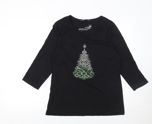 Bonmarché Womens Black Rhinestone Christmas Tree T-Shirt Size 14