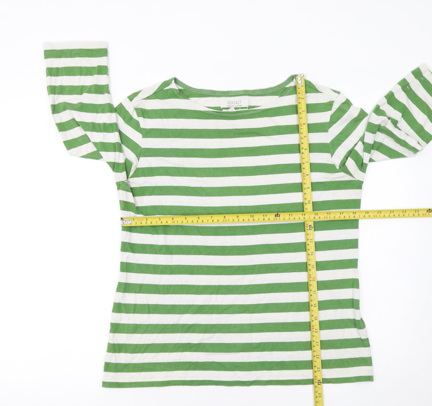 Seasalt Women's Green Striped 3/4 Sleeve Organic Cotton Sailor Top UK 12