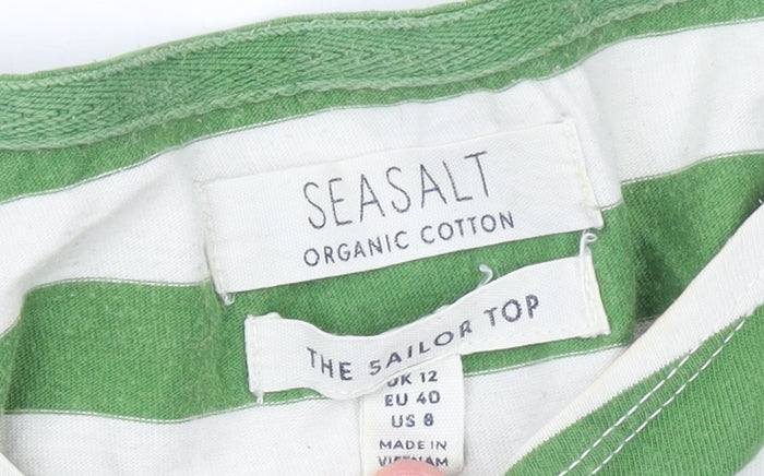 Seasalt Women's Green Striped 3/4 Sleeve Organic Cotton Sailor Top UK 12