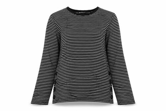 Front view of Warehouse Women’s Black Striped Long Sleeve Jersey Top, size UK 12