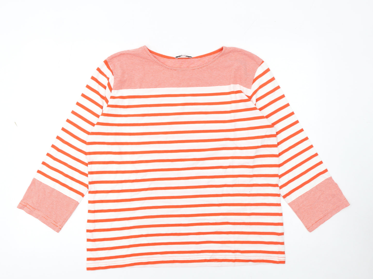 Warehouse Womens Orange White Striped 3/4 Sleeve Cotton T-Shirt UK 12