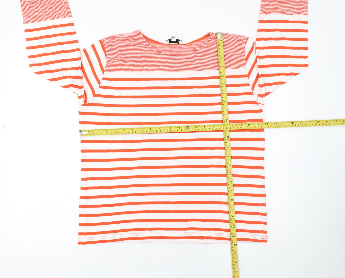 Warehouse Womens Orange White Striped 3/4 Sleeve Cotton T-Shirt UK 12