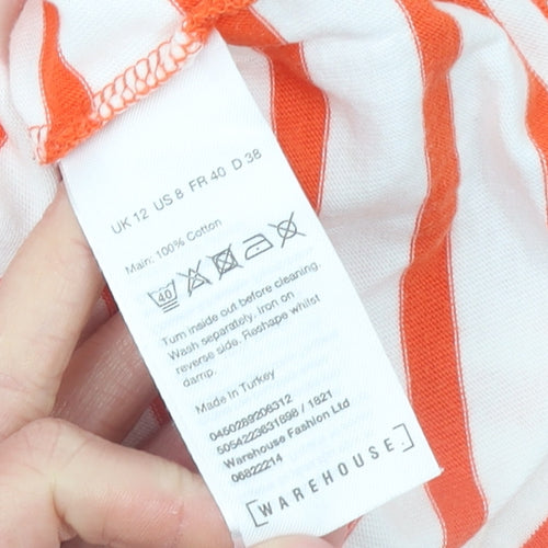 Warehouse Womens Orange White Striped 3/4 Sleeve Cotton T-Shirt UK 12