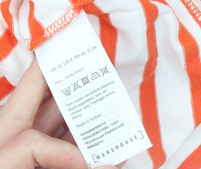 Warehouse Womens Orange White Striped 3/4 Sleeve Cotton T-Shirt UK 12