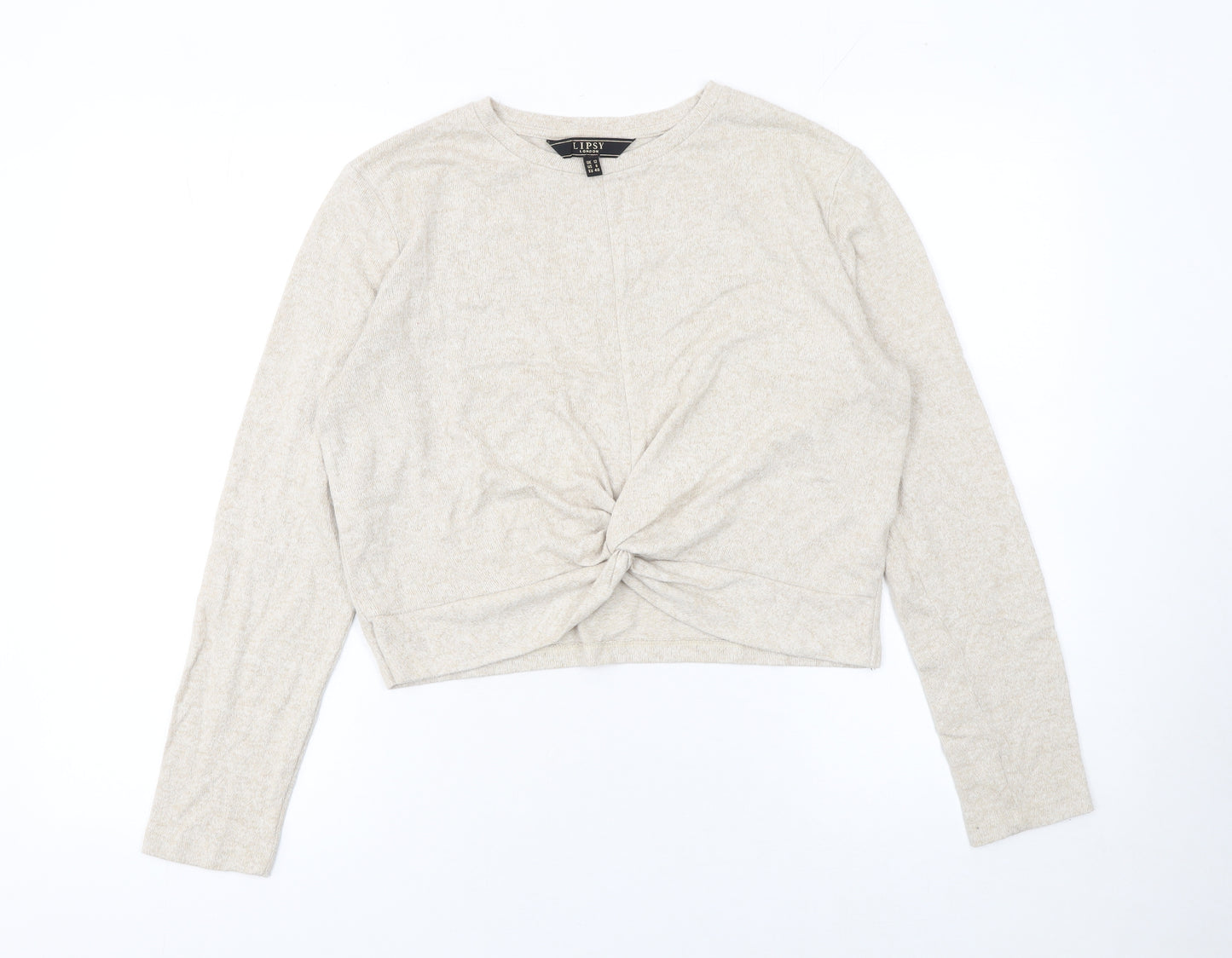 Lipsy Women Beige Knit Twist Front Jumper UK 12 Long Sleeve