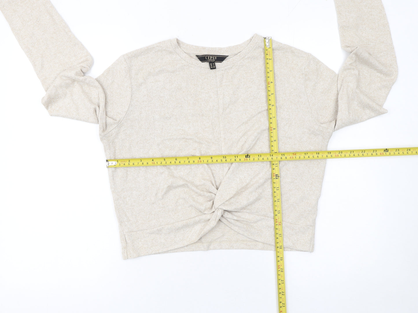 Lipsy Women Beige Knit Twist Front Jumper UK 12 Long Sleeve