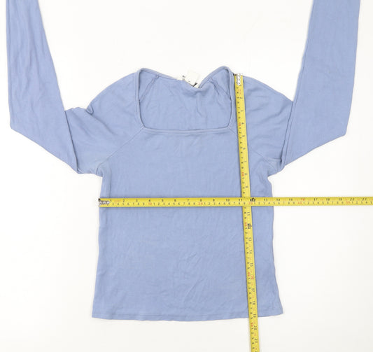 Monki Women's Blue Long Sleeve Square Neck Cotton Top Size 12