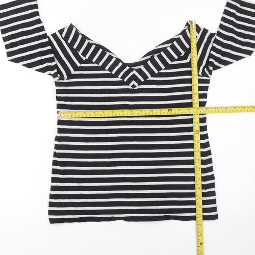 Warehouse Women’s Black White Striped Off Shoulder 3/4 Sleeve Top Size 14