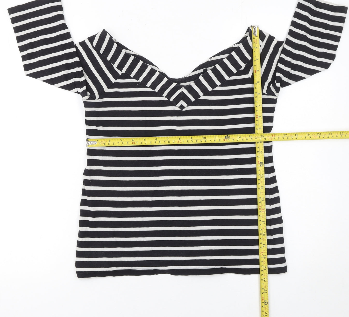 Warehouse Women’s Black White Striped Off Shoulder 3/4 Sleeve Top Size 14