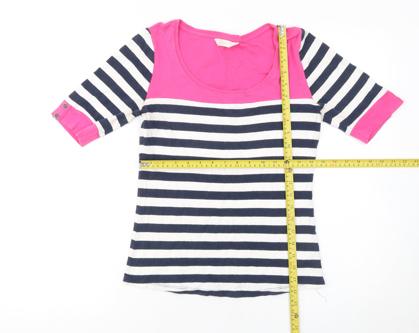 BHS Women’s Navy & Pink Striped Cotton 3/4 Sleeve T-Shirt Size 12