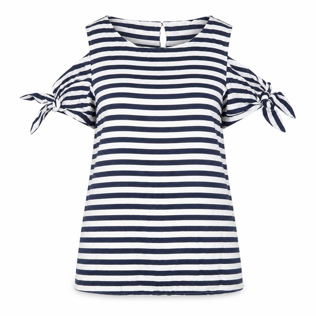 Front view of Oasis Women Blue White Striped Cold Shoulder Tunic Blouse, size 12