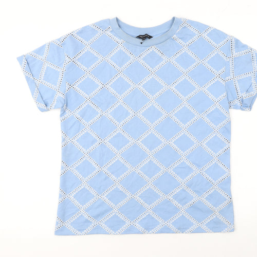 Peacocks Women Blue Embroidered Geometric Short Sleeve T-Shirt UK 10