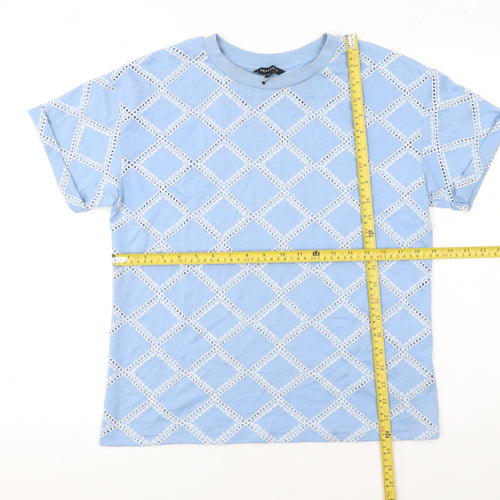 Peacocks Women Blue Embroidered Geometric Short Sleeve T-Shirt UK 10
