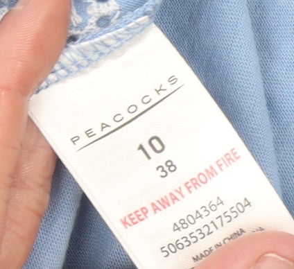 Peacocks Women Blue Embroidered Geometric Short Sleeve T-Shirt UK 10