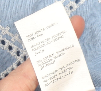 Peacocks Women Blue Embroidered Geometric Short Sleeve T-Shirt UK 10