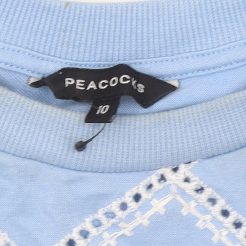 Peacocks Women Blue Embroidered Geometric Short Sleeve T-Shirt UK 10