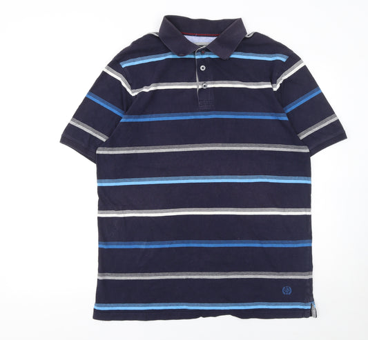 Marks and Spencer Men's Blue Striped Cotton Polo Shirt Size L
