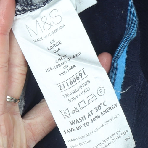 Marks and Spencer Men's Blue Striped Cotton Polo Shirt Size L