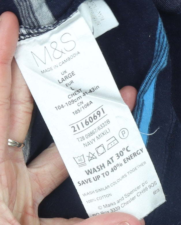 Marks and Spencer Men's Blue Striped Cotton Polo Shirt Size L