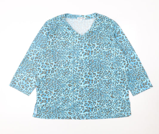 South Lodge Womens Blue Leopard Sequin V-Neck 3/4 Sleeve Top XL