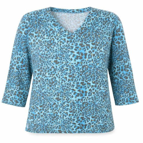 South Lodge Womens Blue Leopard Sequin V-Neck 3/4 Sleeve Top XL