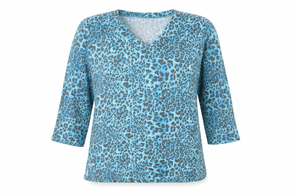 South Lodge Womens Blue Leopard Sequin V-Neck 3/4 Sleeve Top XL