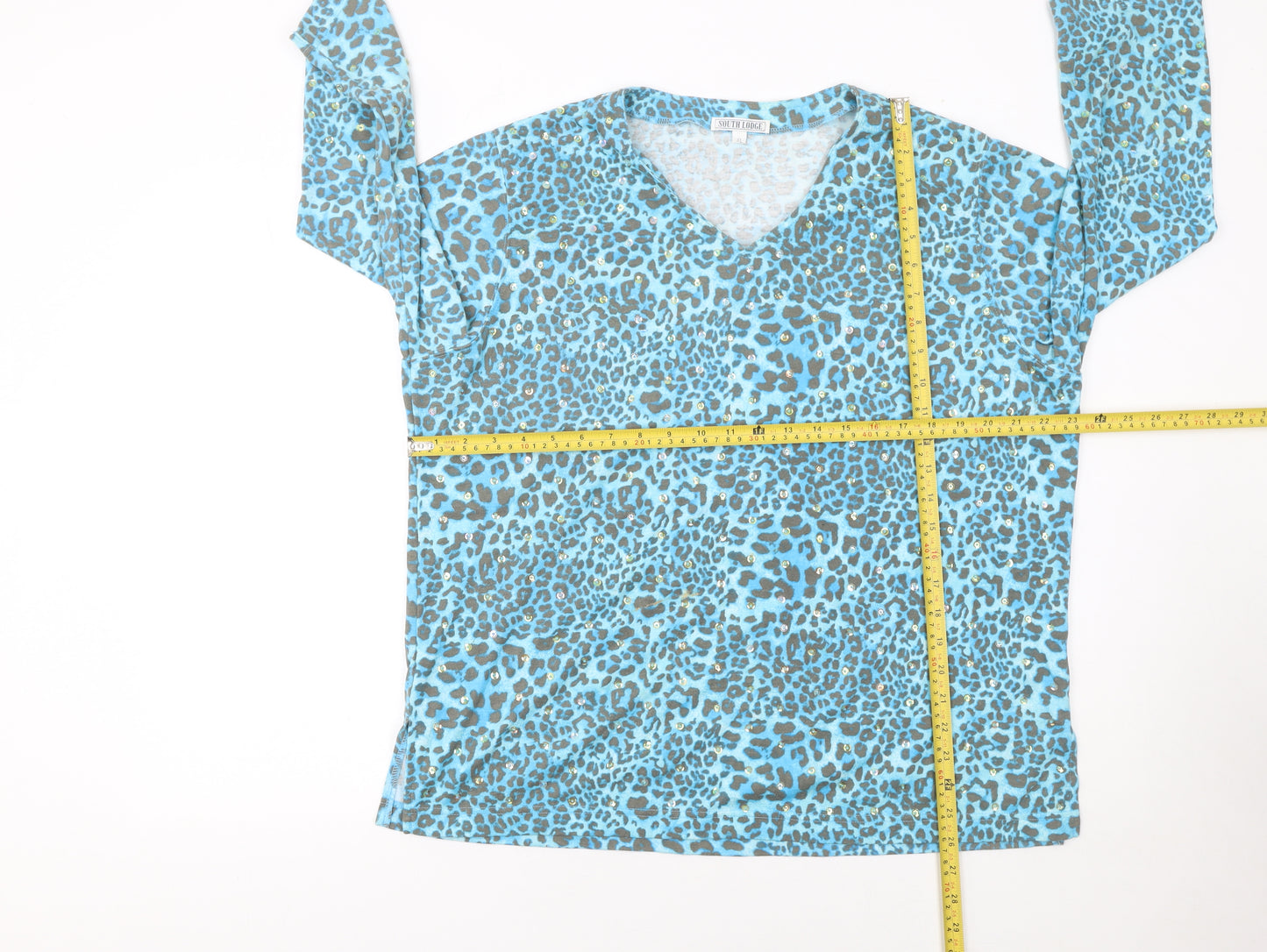 South Lodge Womens Blue Leopard Sequin V-Neck 3/4 Sleeve Top XL
