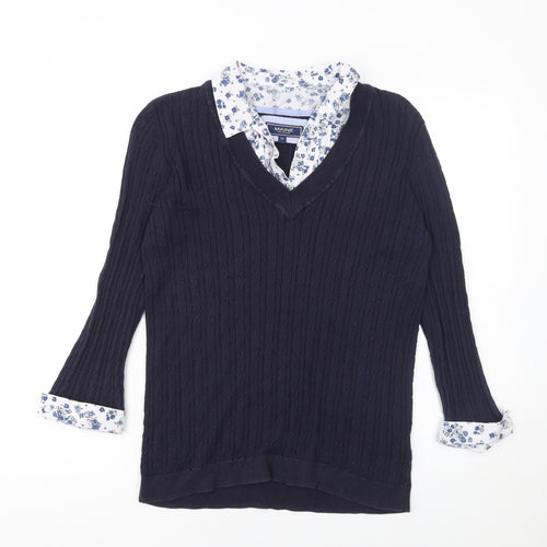 Maine New England Women's Blue Cotton V-Neck Cable-Knit Jumper Size 14