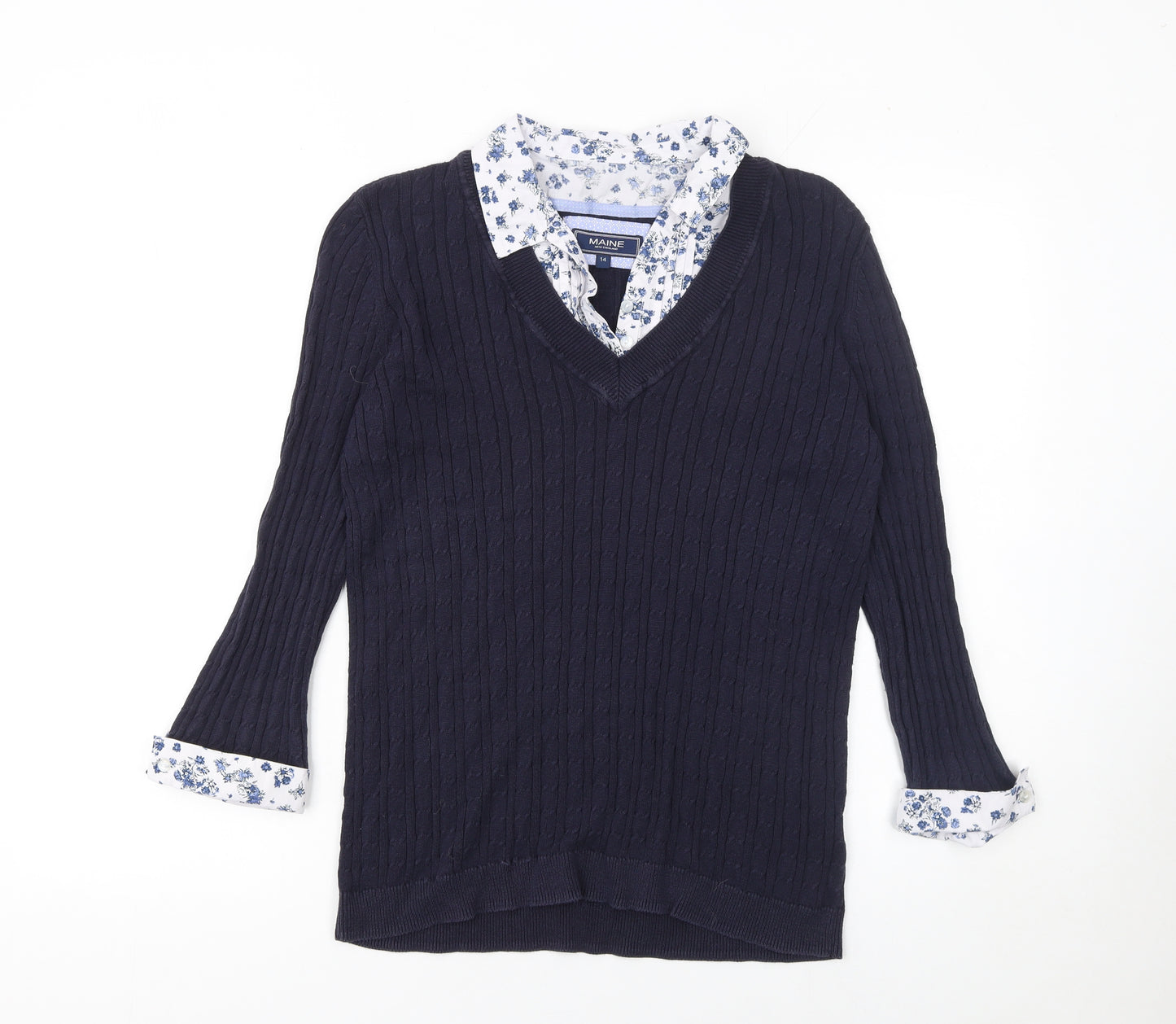 Maine New England Women's Blue Cotton V-Neck Cable-Knit Jumper Size 14