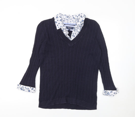 Maine New England Women's Blue Cotton V-Neck Cable-Knit Jumper Size 14