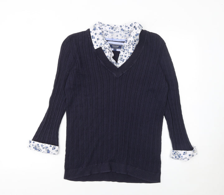 Maine New England Women's Blue Cotton V-Neck Cable-Knit Jumper Size 14