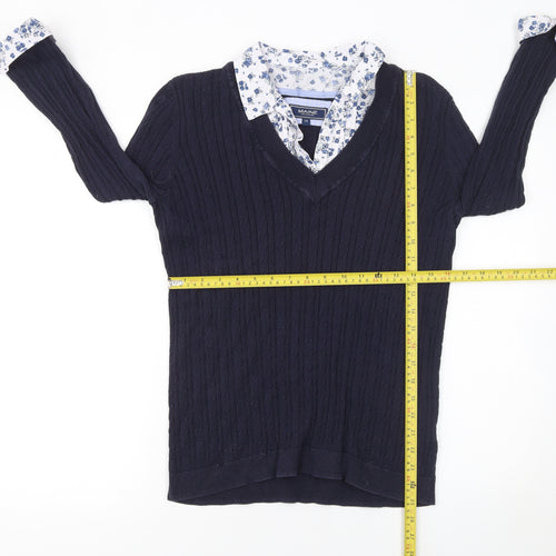 Maine New England Women's Blue Cotton V-Neck Cable-Knit Jumper Size 14