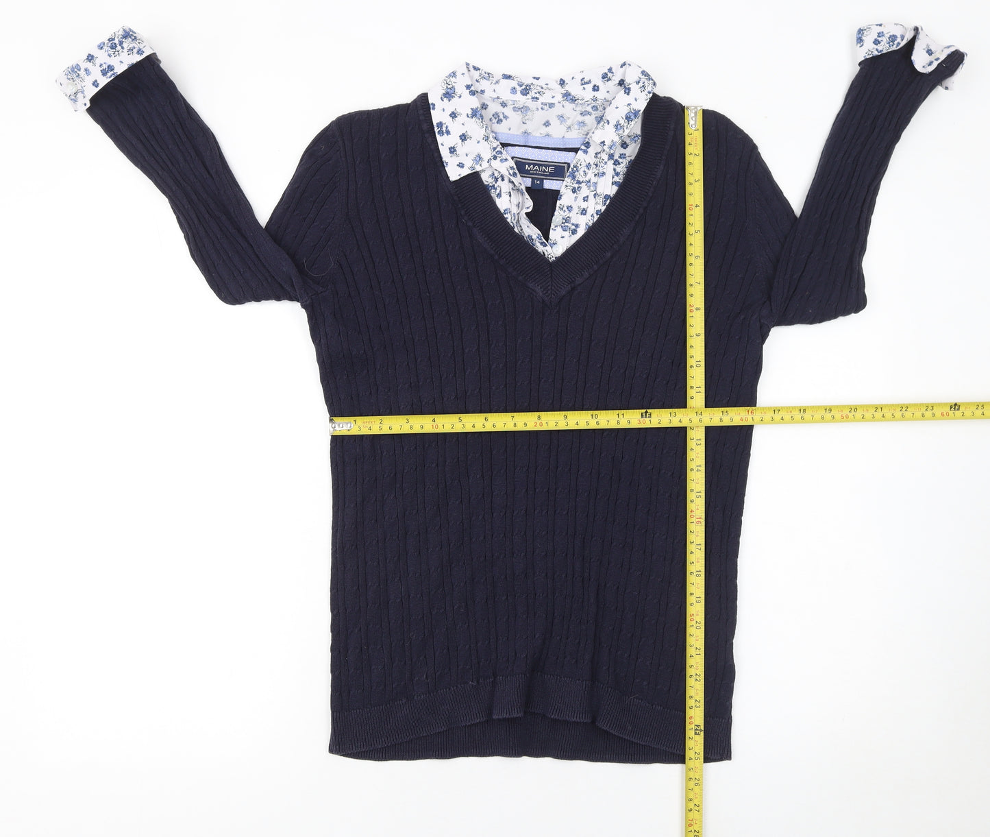 Maine New England Women's Blue Cotton V-Neck Cable-Knit Jumper Size 14