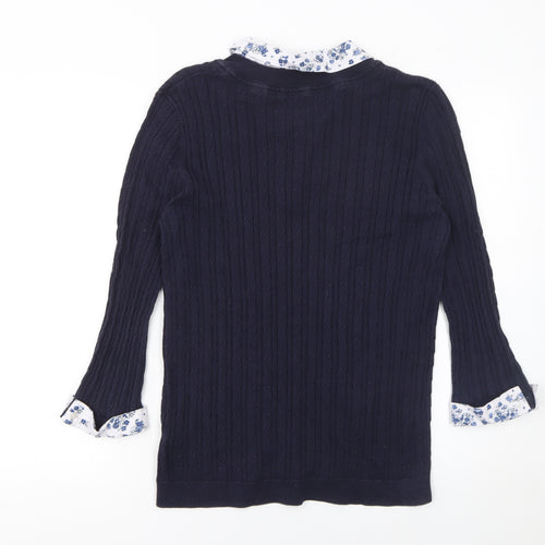 Maine New England Women's Blue Cotton V-Neck Cable-Knit Jumper Size 14