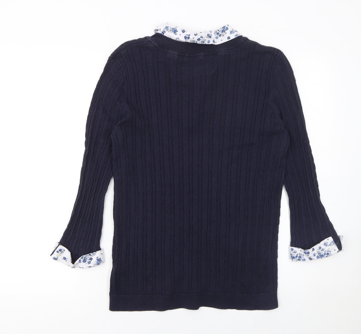 Maine New England Women's Blue Cotton V-Neck Cable-Knit Jumper Size 14