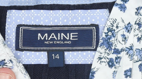 Maine New England Women's Blue Cotton V-Neck Cable-Knit Jumper Size 14