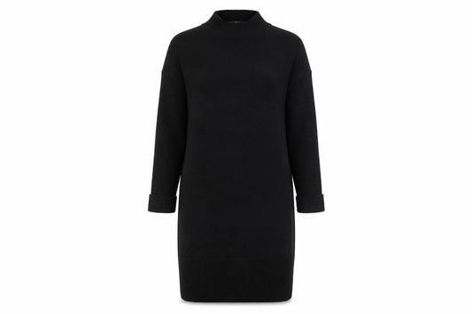 Front view of FatFace Women’s Black Jumper Dress, size UK 12, High Neck Knit