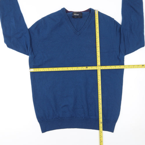 Fred Perry Men's Blue Merino Wool V-Neck Jumper L Classic Knitwear