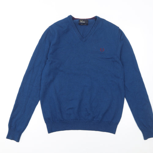Fred Perry Men's Blue Merino Wool V-Neck Jumper L Classic Knitwear
