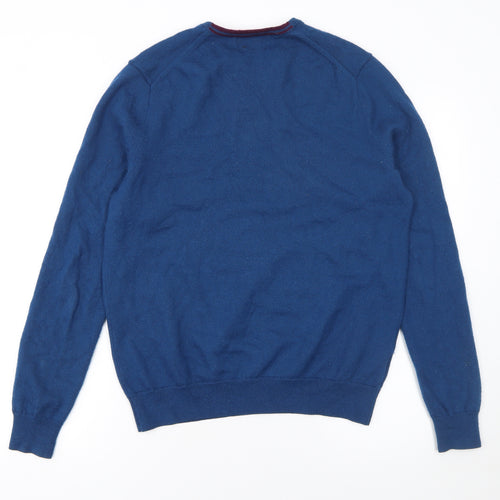 Fred Perry Men's Blue Merino Wool V-Neck Jumper L Classic Knitwear