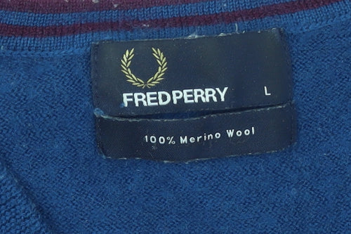 Fred Perry Men's Blue Merino Wool V-Neck Jumper L Classic Knitwear
