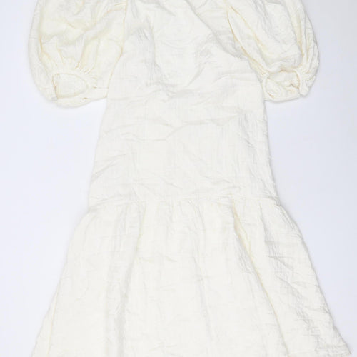 H&M Women Ivory Puff Sleeve Fit & Flare Midi Dress Size 8